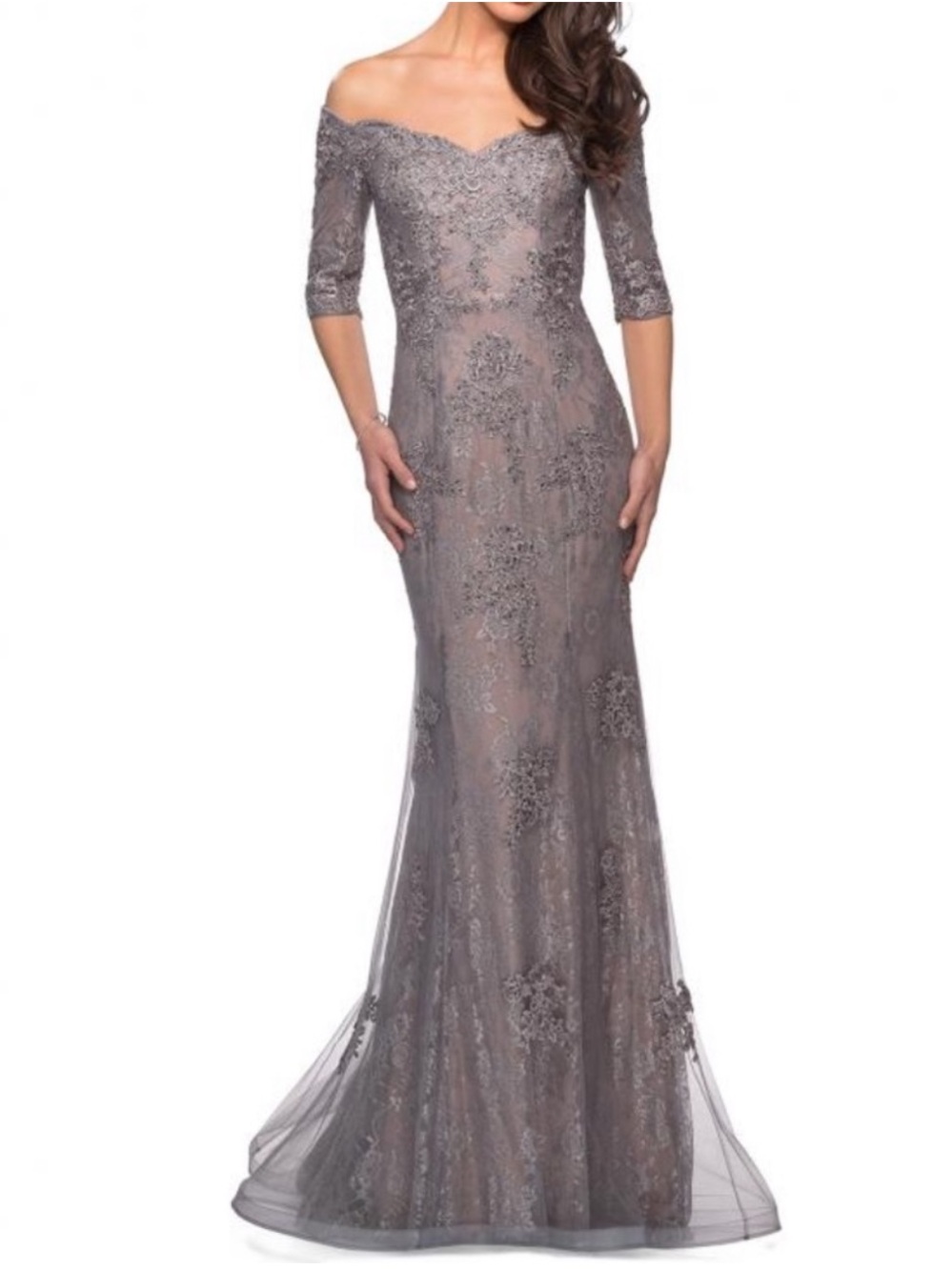LA FEMME Off the Shoulder Lace Mermaid Gown NEW Size 6 Dress Gray Pink